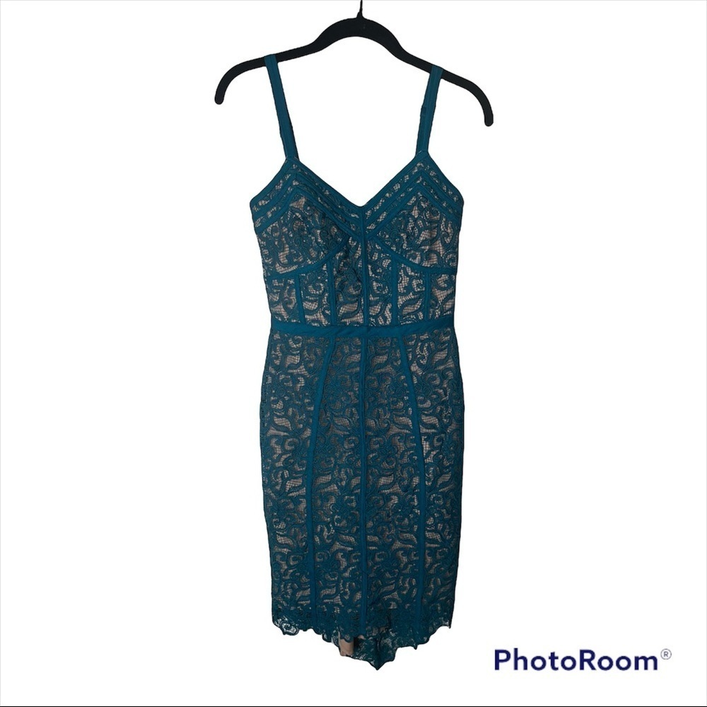 HARLYN x ANTHRO Teal Corset Bodycon Lace Midi Cocktail Dress Size XS - Picture 2 of 8